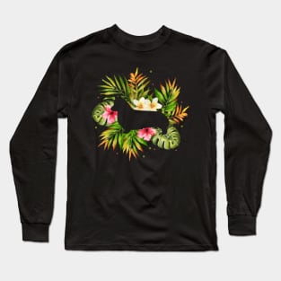 Corgi Silhouette - Tropical Leaves Long Sleeve T-Shirt